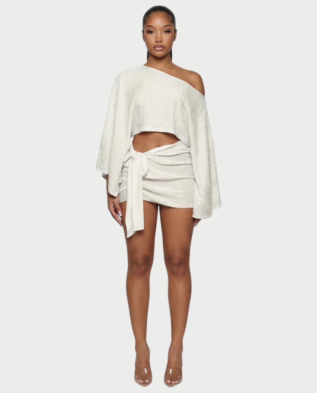 SAYUNA One-Shoulder Top & Tie-Front Mini Skirt Set