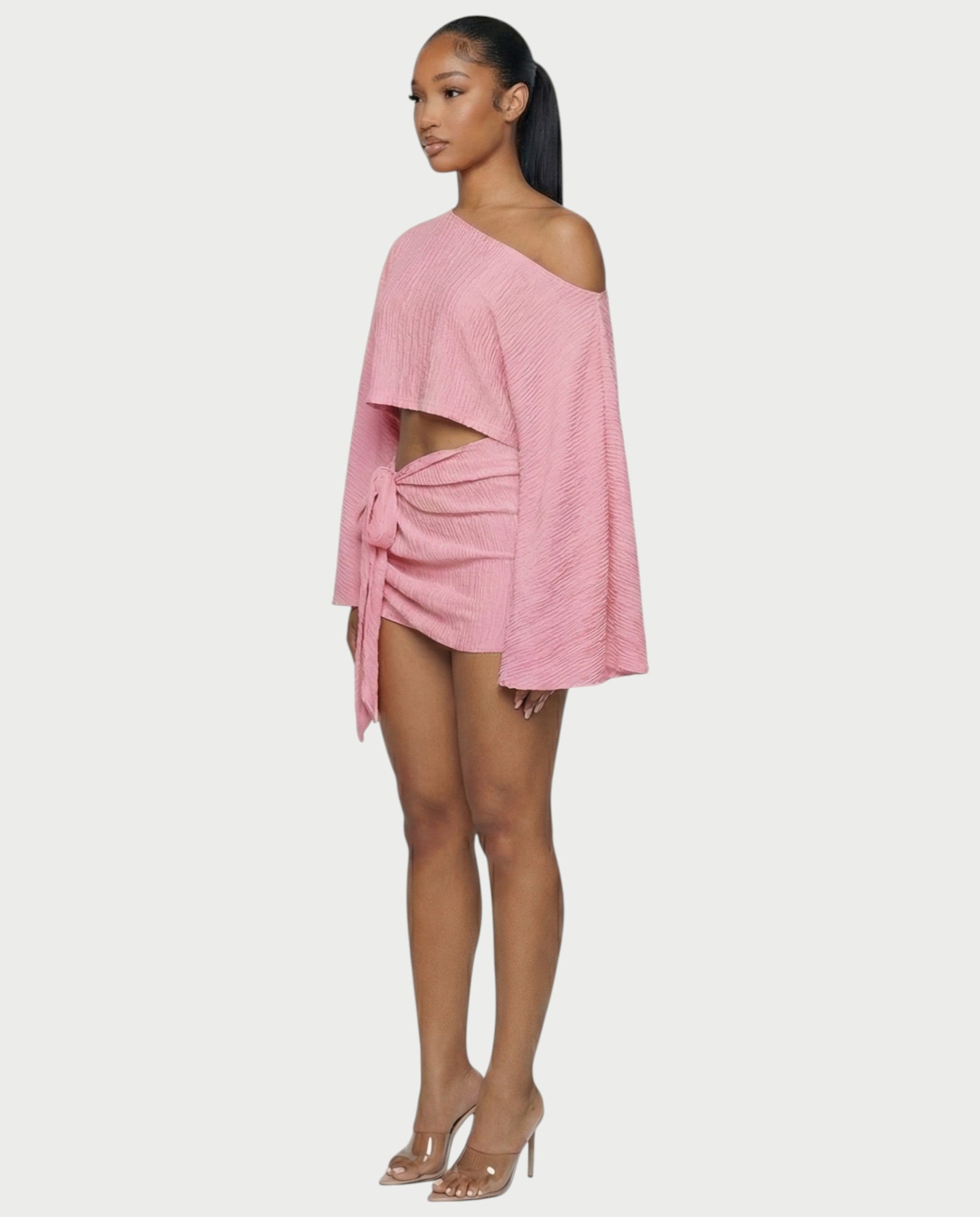 SAYUNA One-Shoulder Top & Tie-Front Mini Skirt Set