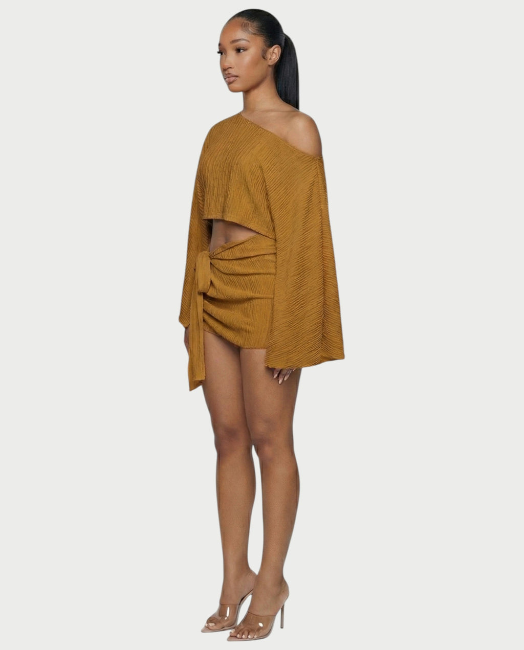 SAYUNA One-Shoulder Top & Tie-Front Mini Skirt Set
