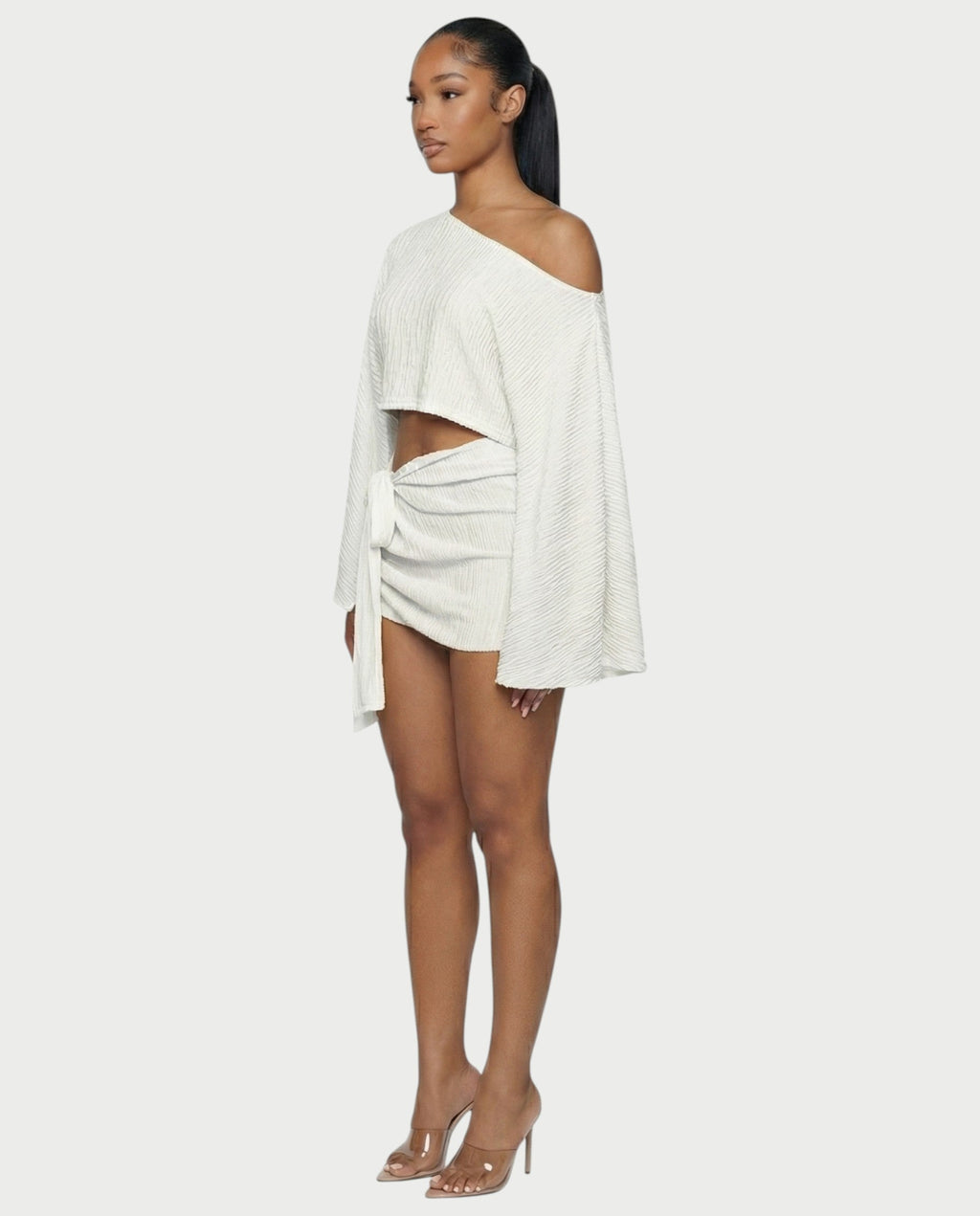 SAYUNA One-Shoulder Top & Tie-Front Mini Skirt Set