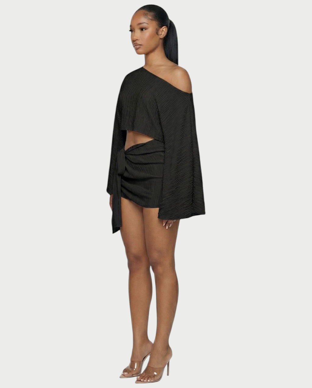 SAYUNA One-Shoulder Top & Tie-Front Mini Skirt Set