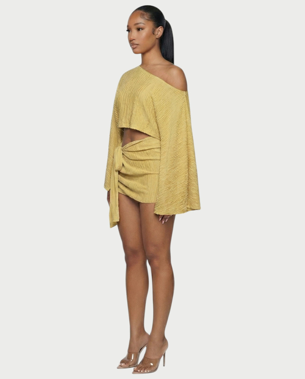 SAYUNA One-Shoulder Top & Tie-Front Mini Skirt Set