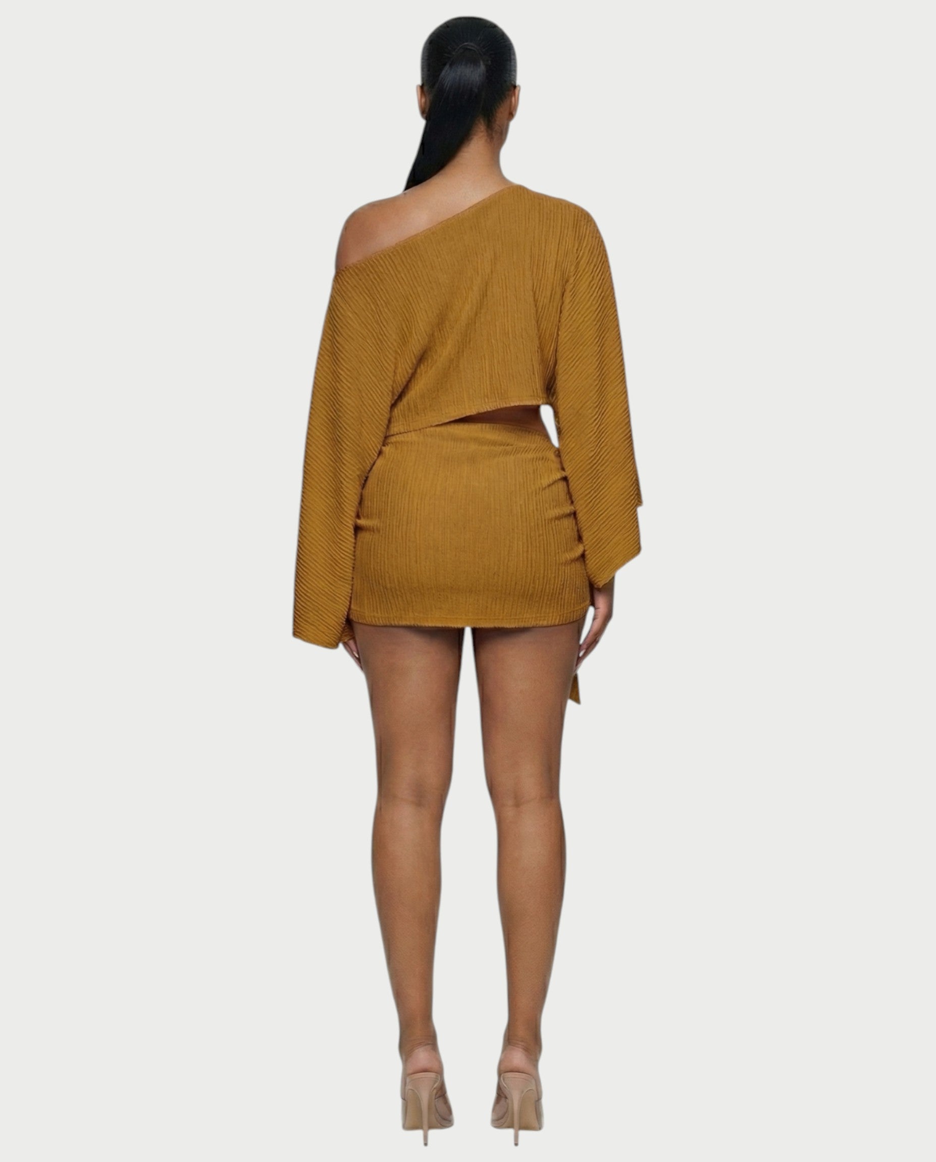 SAYUNA One-Shoulder Top & Tie-Front Mini Skirt Set