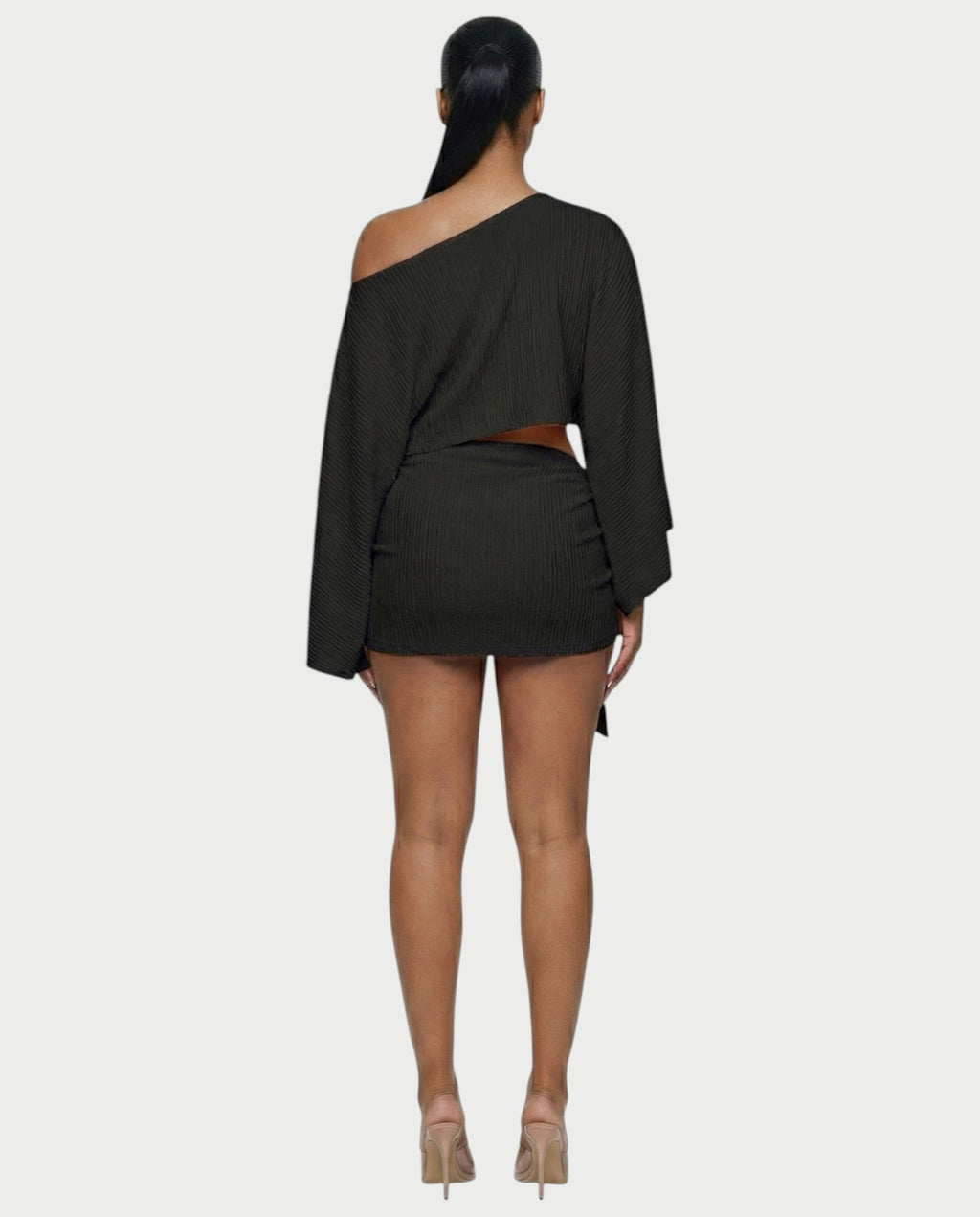 SAYUNA One-Shoulder Top & Tie-Front Mini Skirt Set
