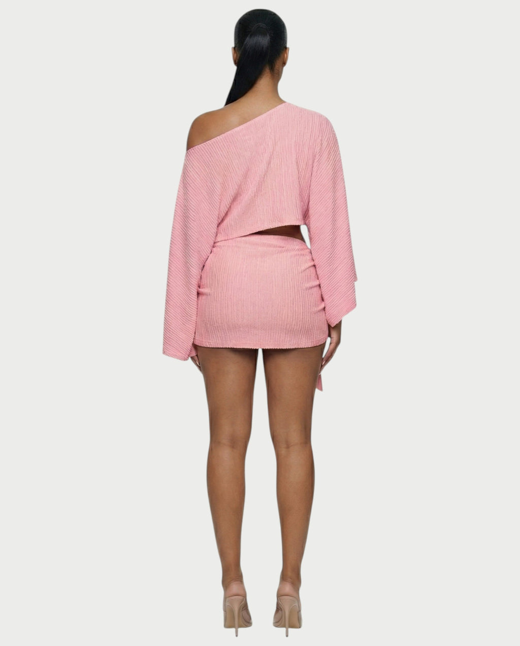 SAYUNA One-Shoulder Top & Tie-Front Mini Skirt Set