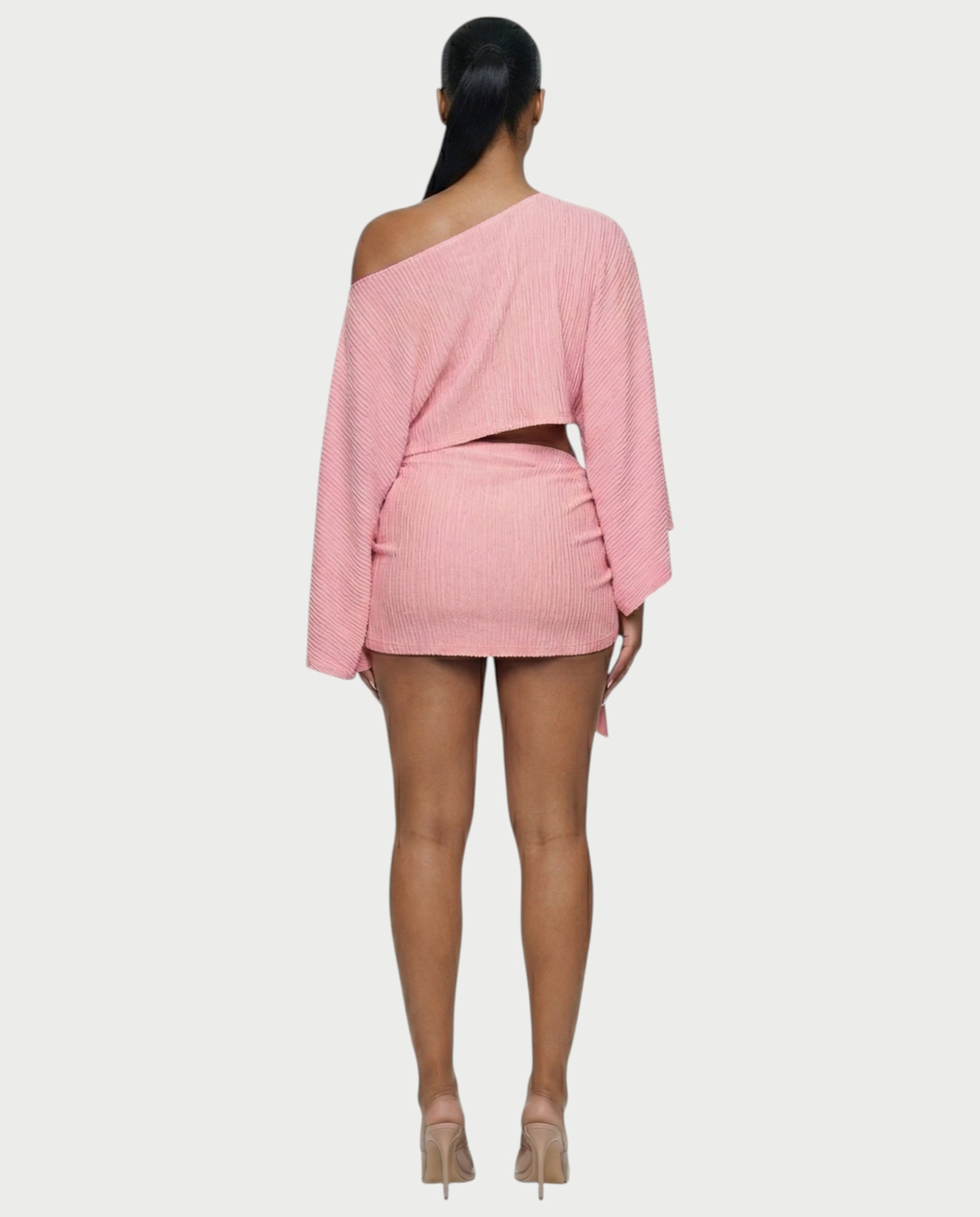 SAYUNA One-Shoulder Top & Tie-Front Mini Skirt Set