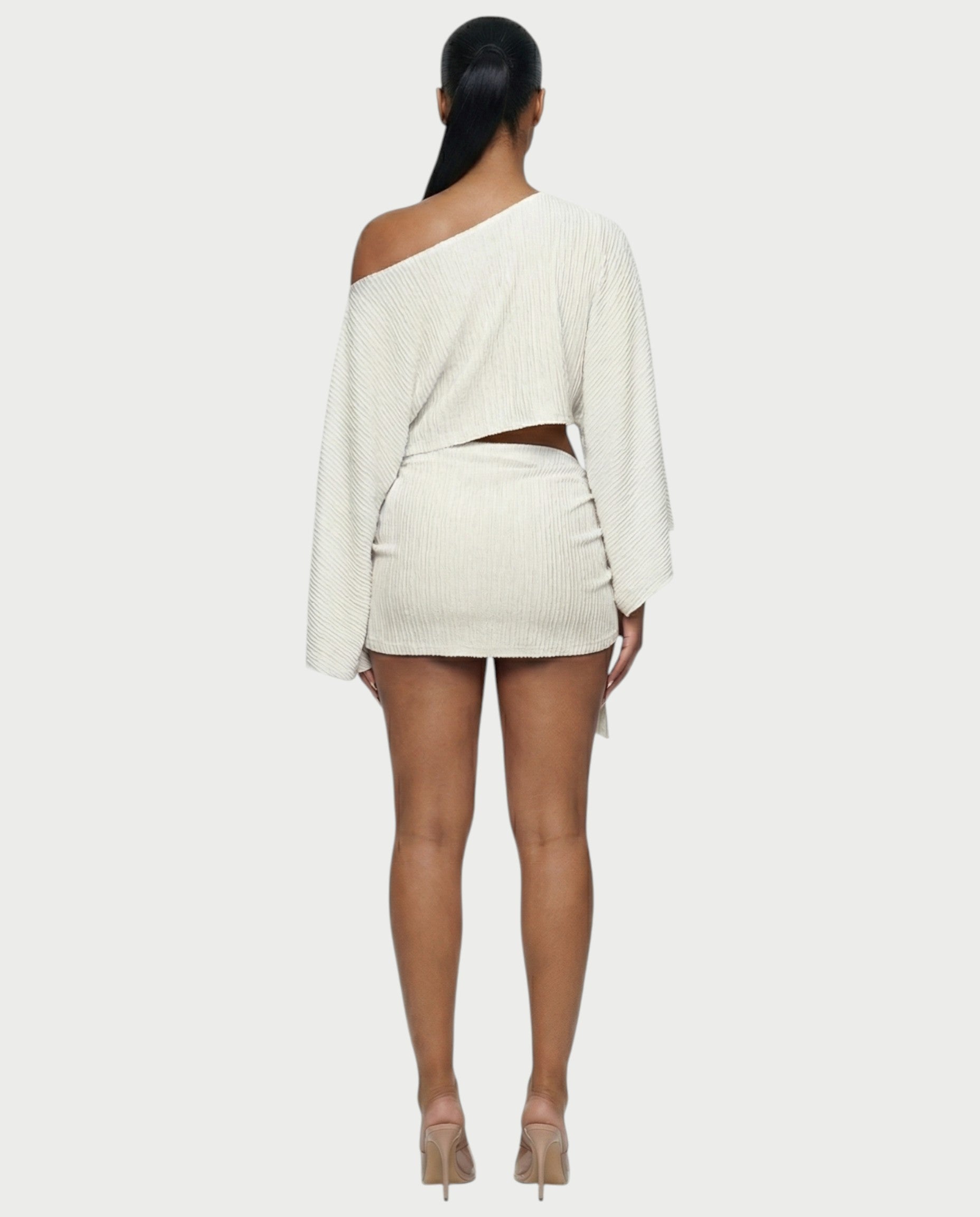 SAYUNA One-Shoulder Top & Tie-Front Mini Skirt Set