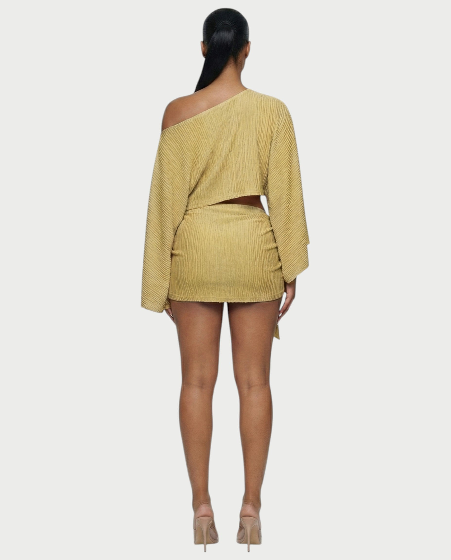 SAYUNA One-Shoulder Top & Tie-Front Mini Skirt Set