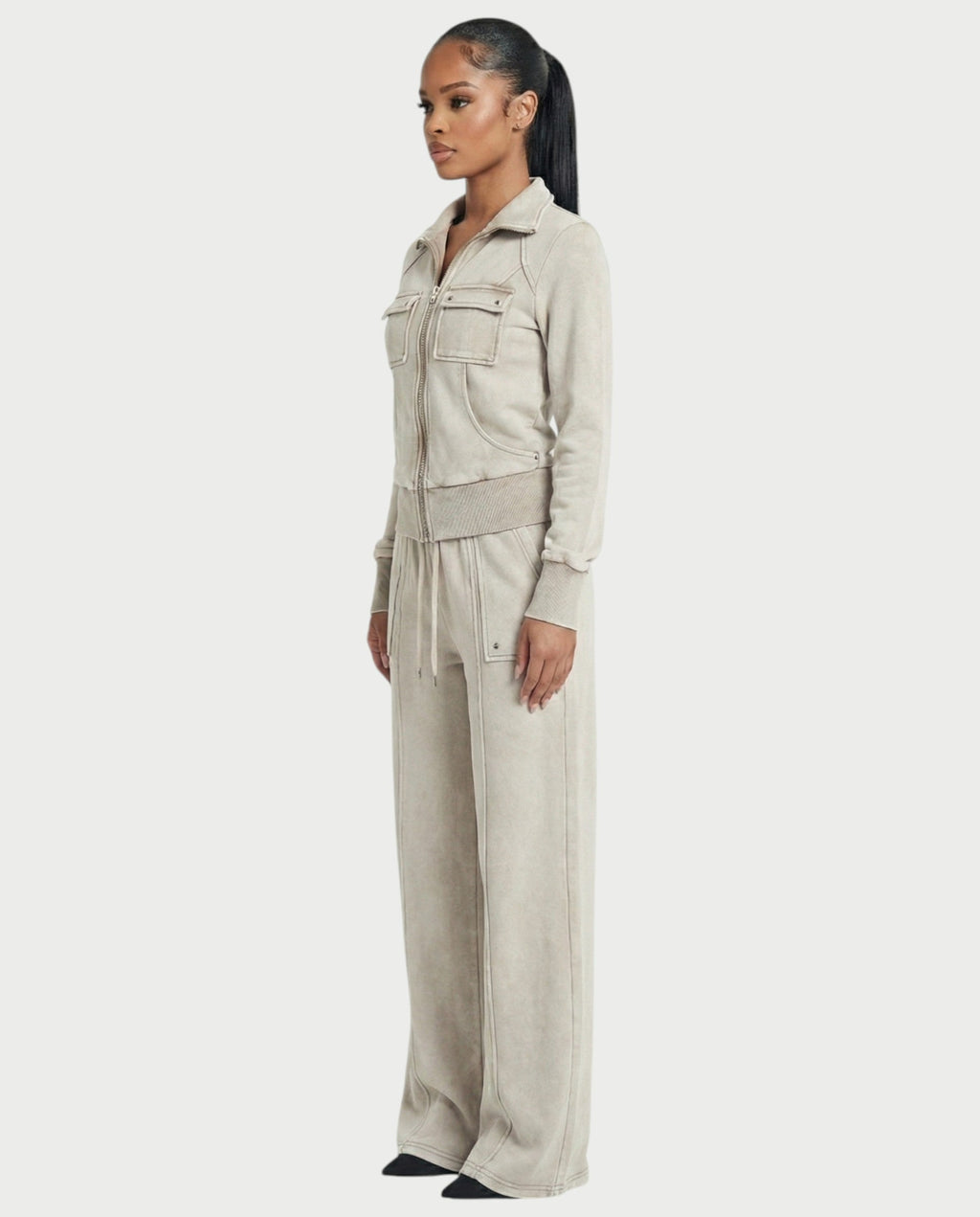ASHINA Washed Zip-Up Jacket & Wide-Leg Drawstring Pants Set