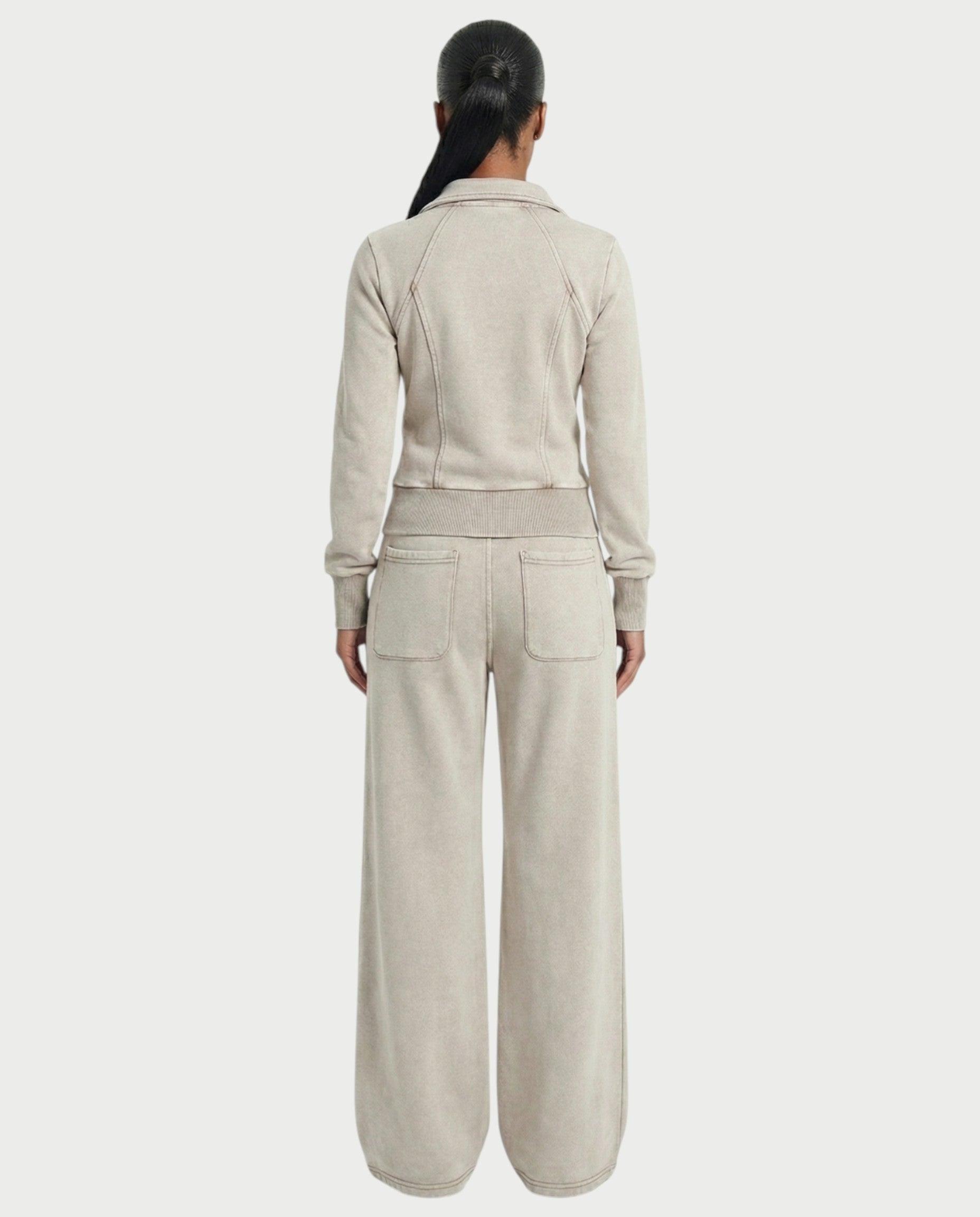 ASHINA Washed Zip-Up Jacket & Wide-Leg Drawstring Pants Set