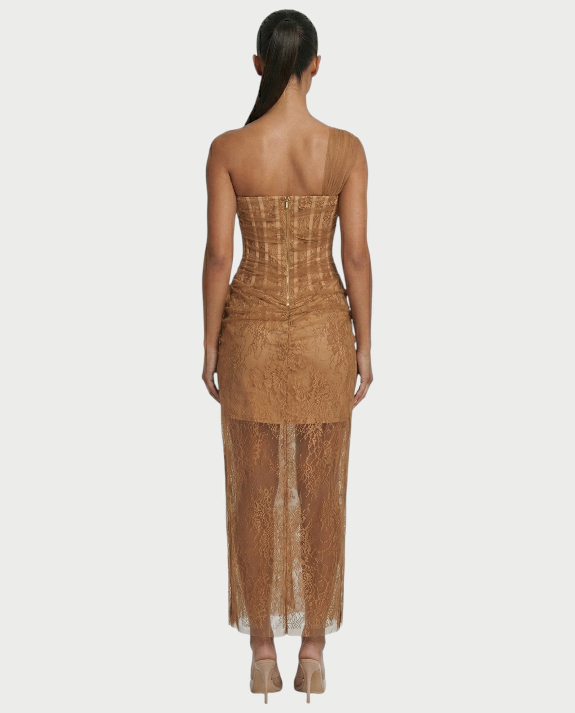 MARIBETH Sheer Lace Corset One-Shoulder Maxi Dress