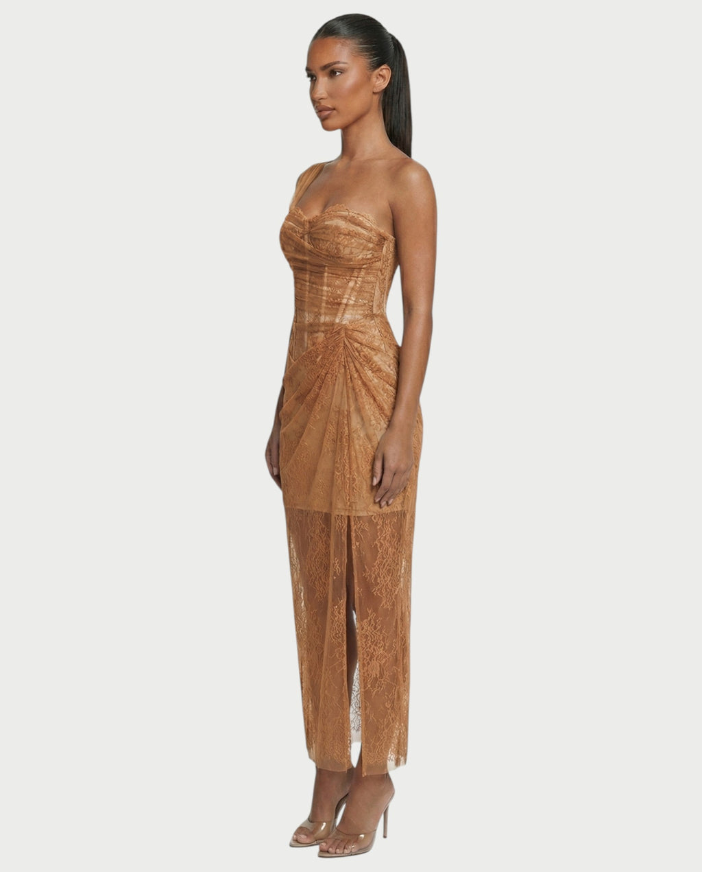 MARIBETH Sheer Lace Corset One-Shoulder Maxi Dress