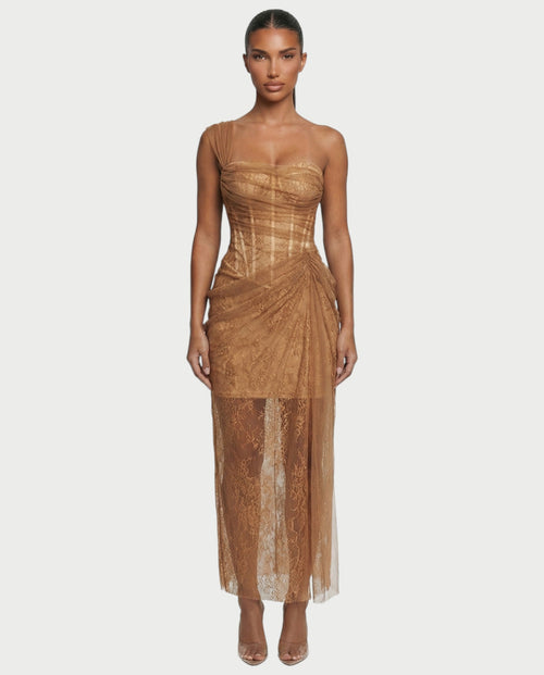 MARIBETH Sheer Lace Corset One-Shoulder Maxi Dress