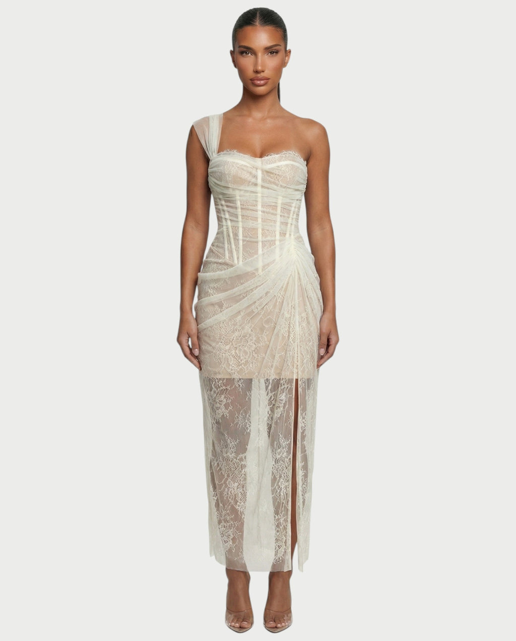 MARIBETH Sheer Lace Corset One-Shoulder Maxi Dress