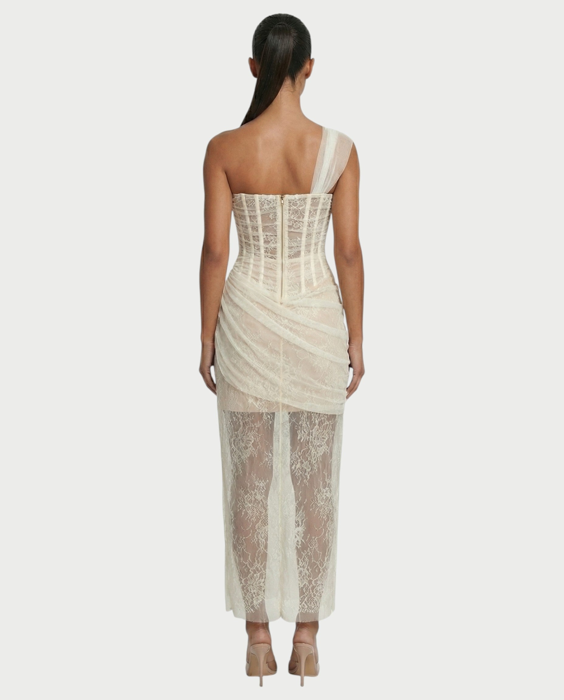 MARIBETH Sheer Lace Corset One-Shoulder Maxi Dress