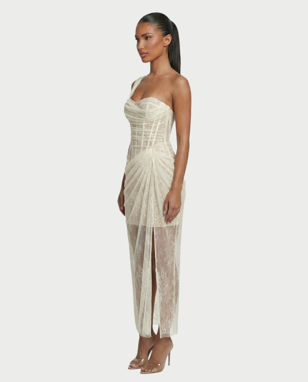 MARIBETH Sheer Lace Corset One-Shoulder Maxi Dress