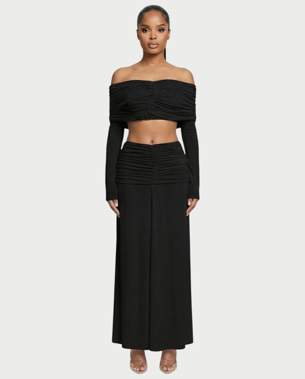 QUENA Off-Shoulder Ruched Crop Top & Maxi Skirt Set