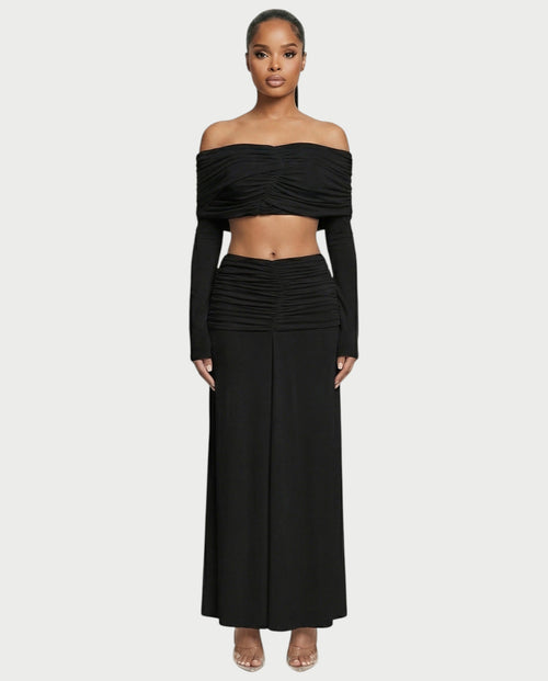 QUENA Off-Shoulder Ruched Crop Top & Maxi Skirt Set