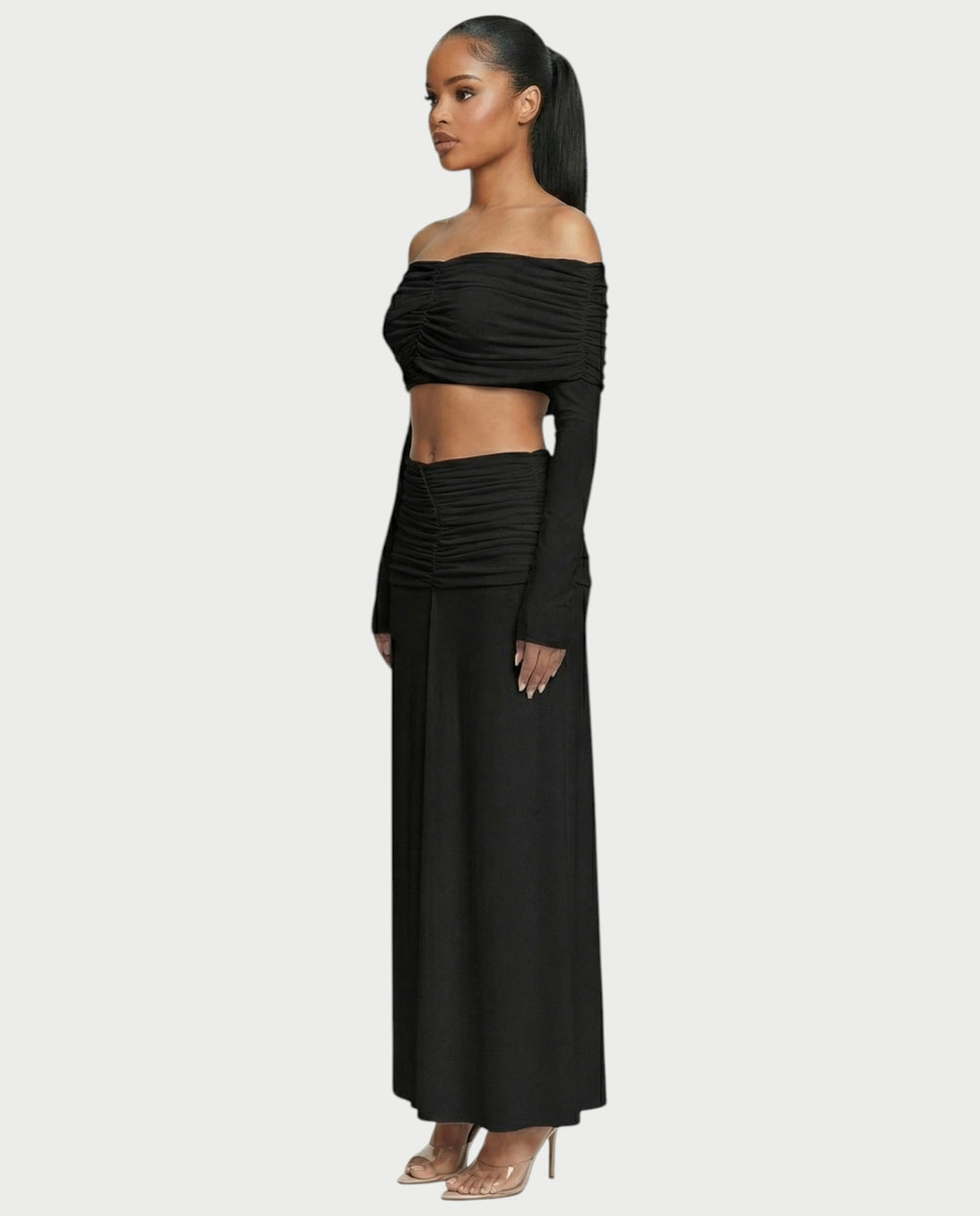 QUENA Off-Shoulder Ruched Crop Top & Maxi Skirt Set