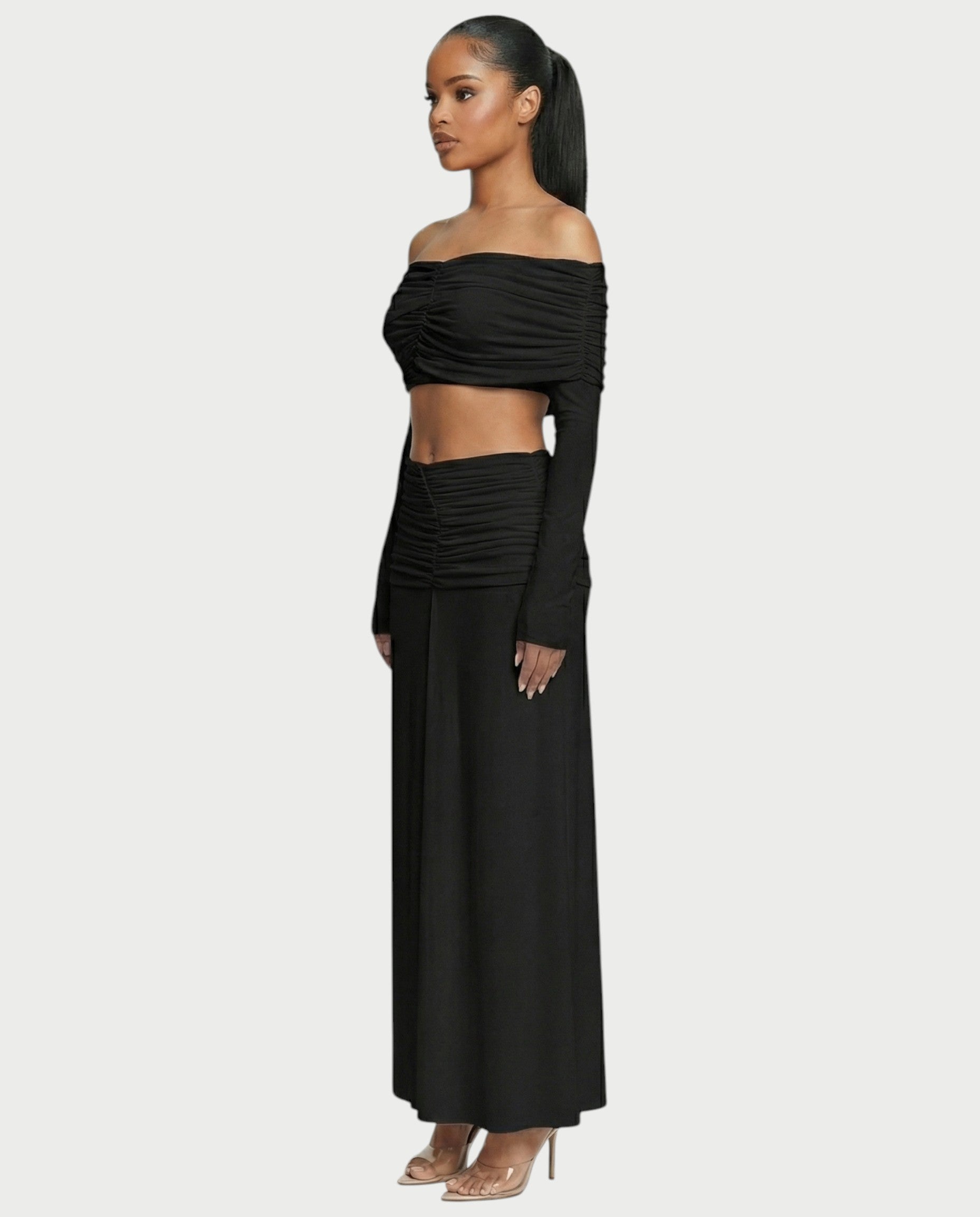 QUENA Off-Shoulder Ruched Crop Top & Maxi Skirt Set