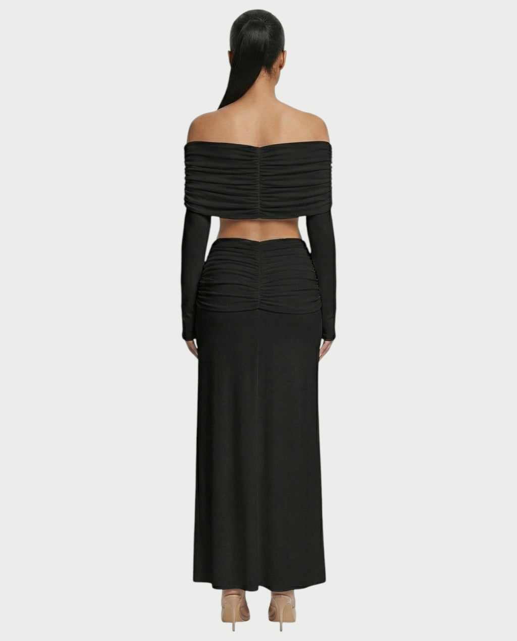 QUENA Off-Shoulder Ruched Crop Top & Maxi Skirt Set