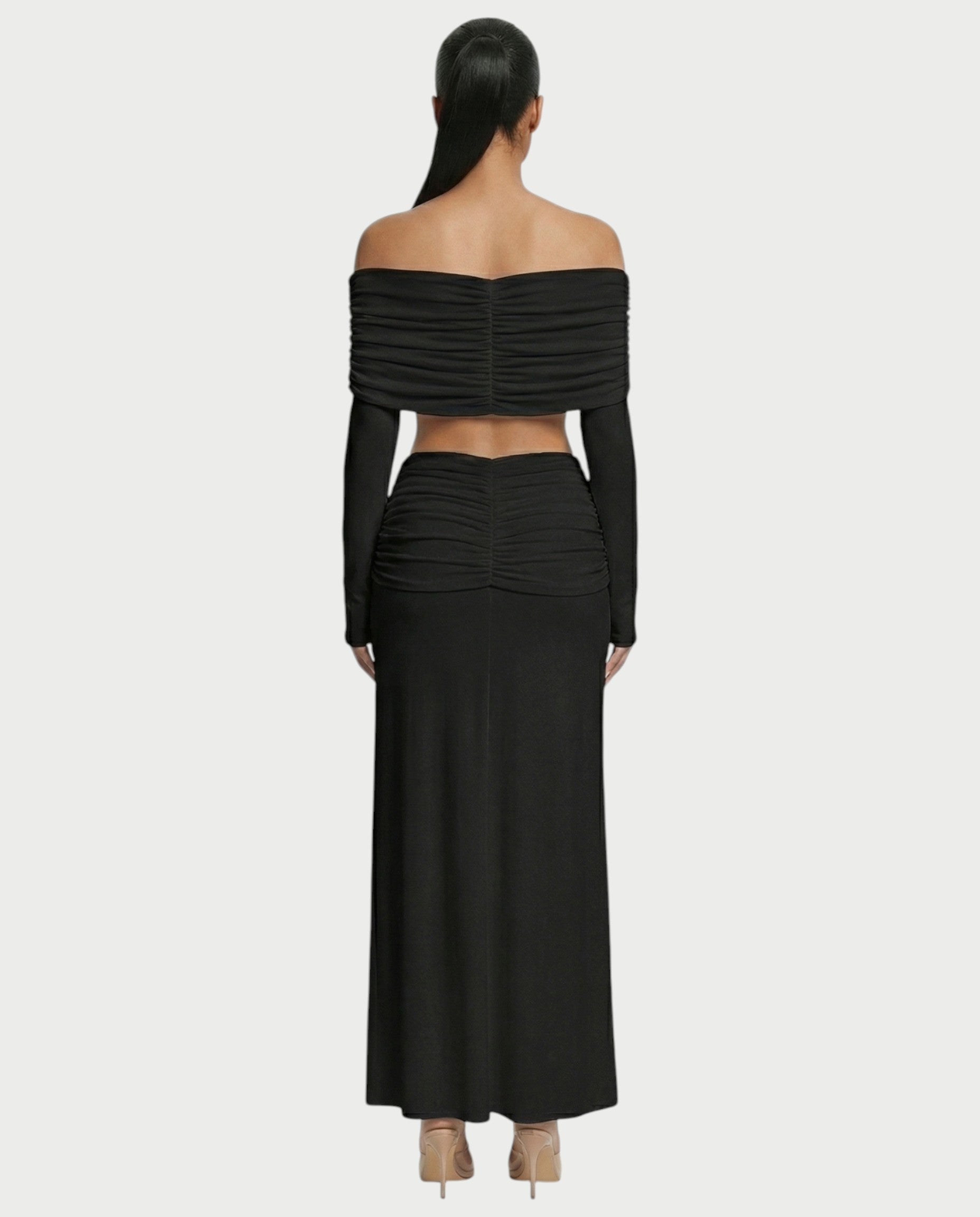 QUENA Off-Shoulder Ruched Crop Top & Maxi Skirt Set