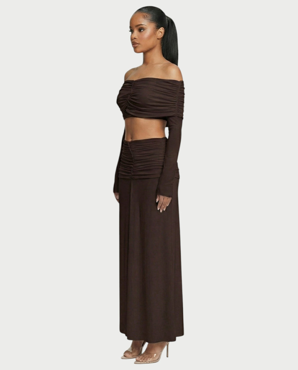 QUENA Off-Shoulder Ruched Crop Top & Maxi Skirt Set