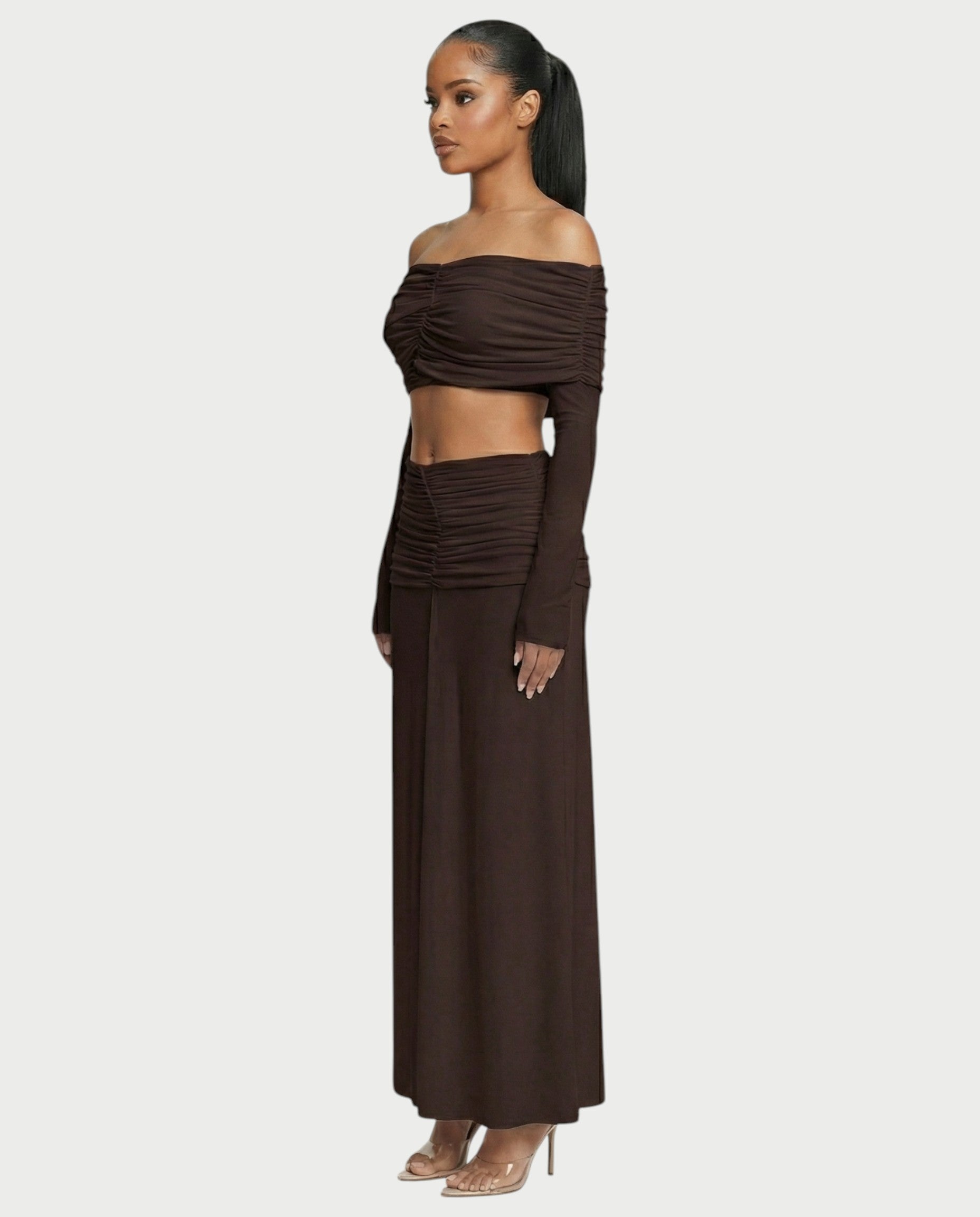 QUENA Off-Shoulder Ruched Crop Top & Maxi Skirt Set