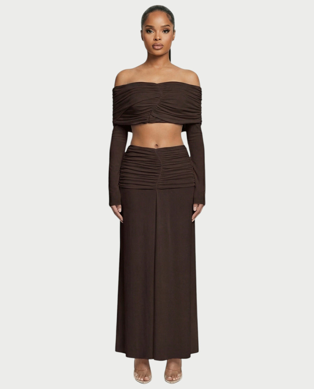 QUENA Off-Shoulder Ruched Crop Top & Maxi Skirt Set