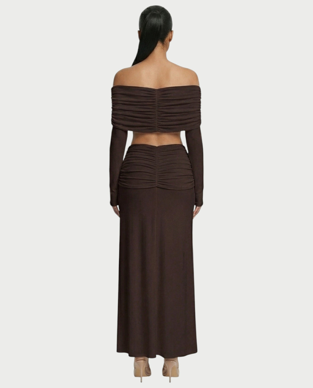 QUENA Off-Shoulder Ruched Crop Top & Maxi Skirt Set