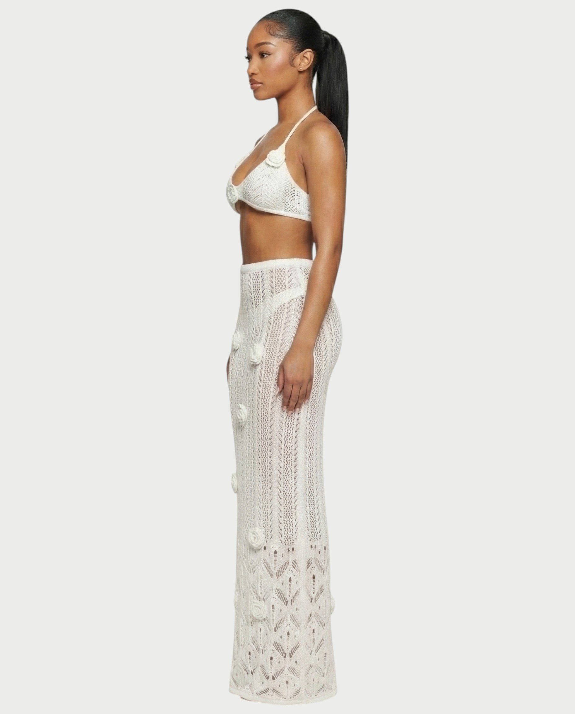 BERYN Crochet Rose Halter Top & Maxi Skirt Set