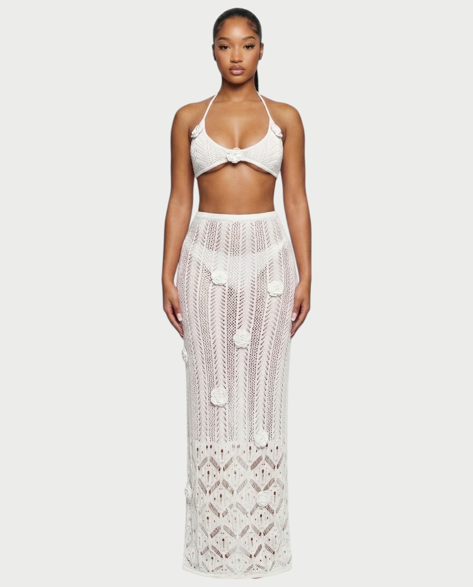 BERYN Crochet Rose Halter Top & Maxi Skirt Set