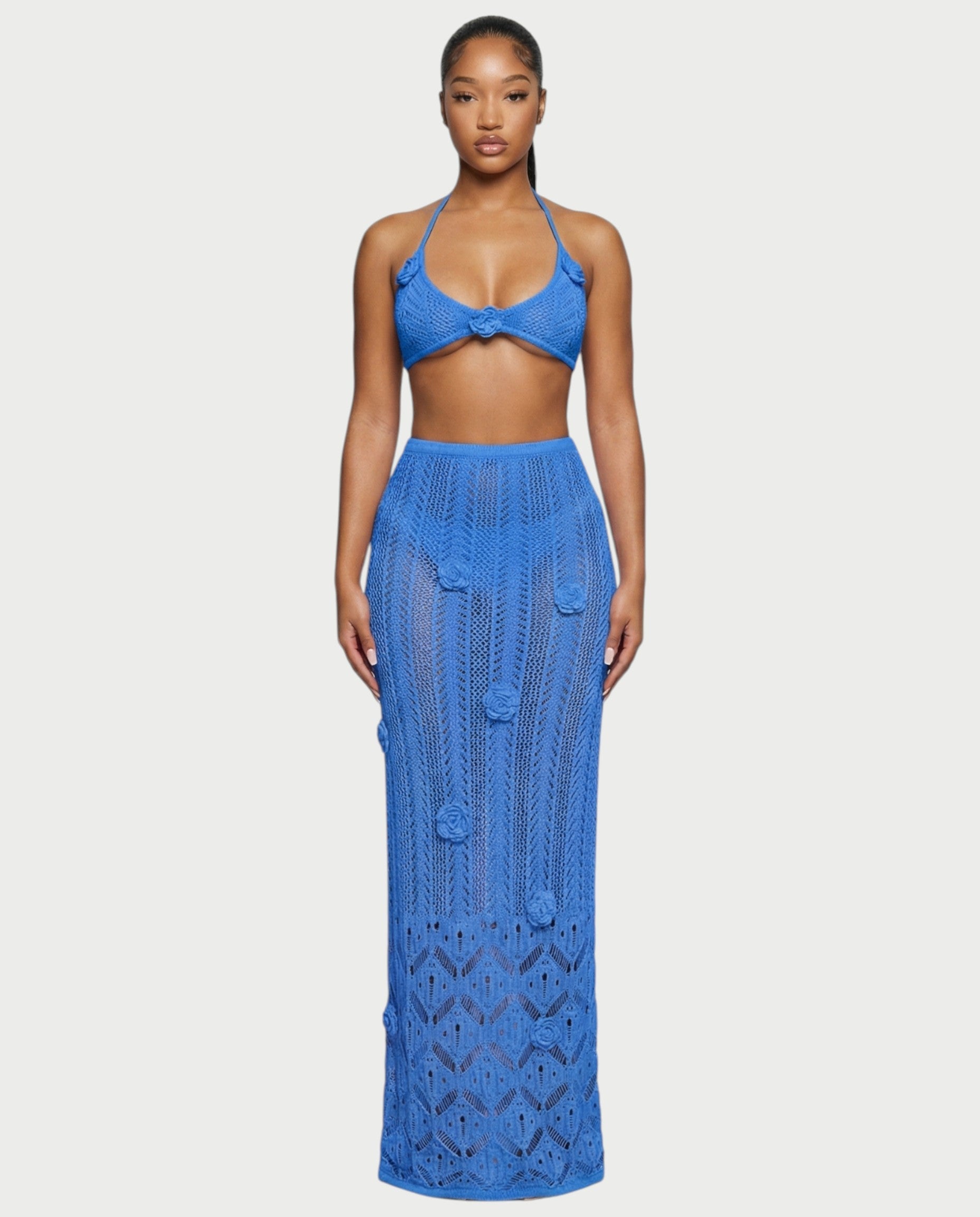 BERYN Crochet Rose Halter Top & Maxi Skirt Set