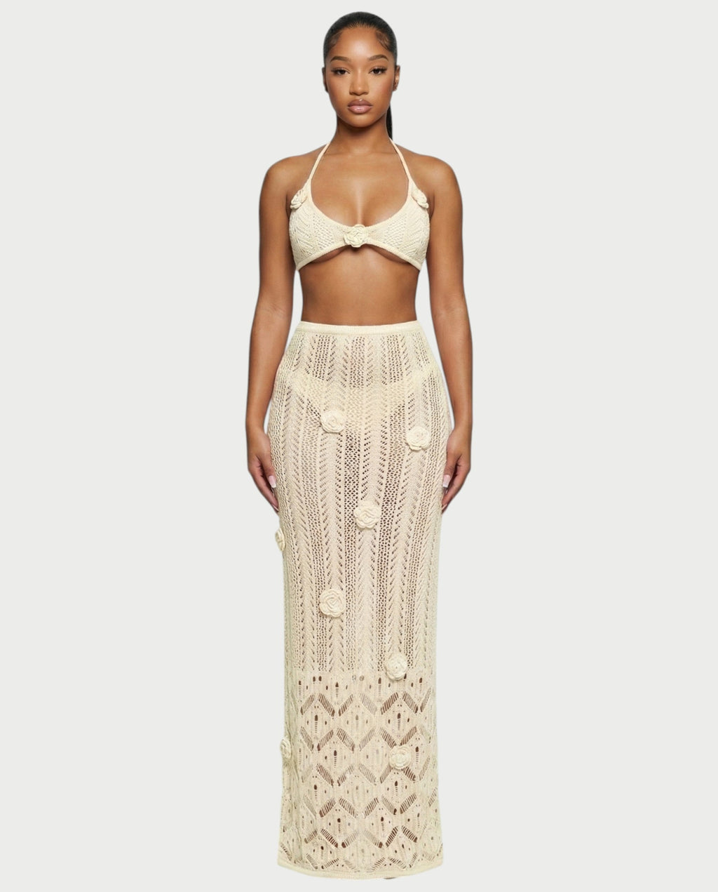 BERYN Crochet Rose Halter Top & Maxi Skirt Set