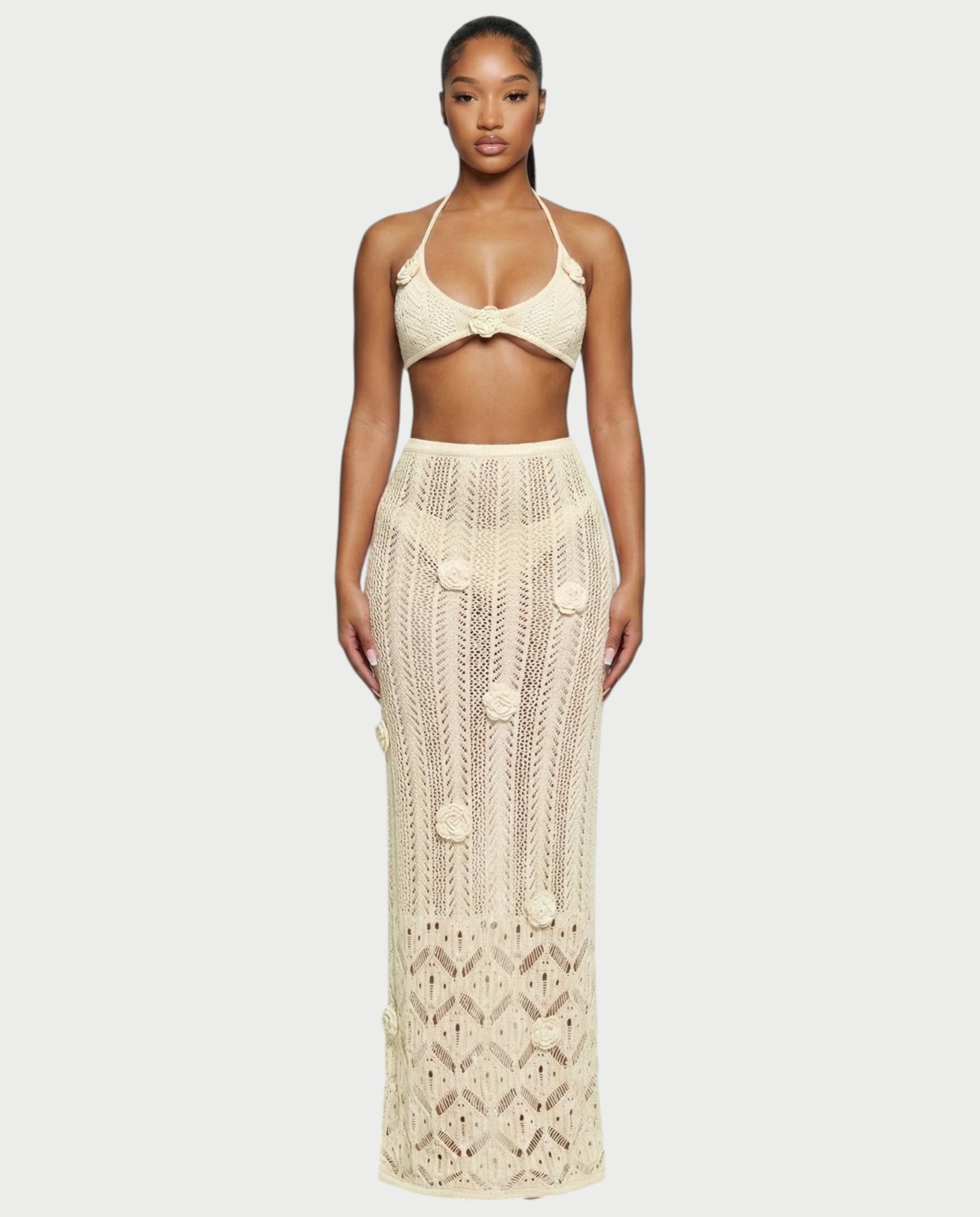 BERYN Crochet Rose Halter Top & Maxi Skirt Set