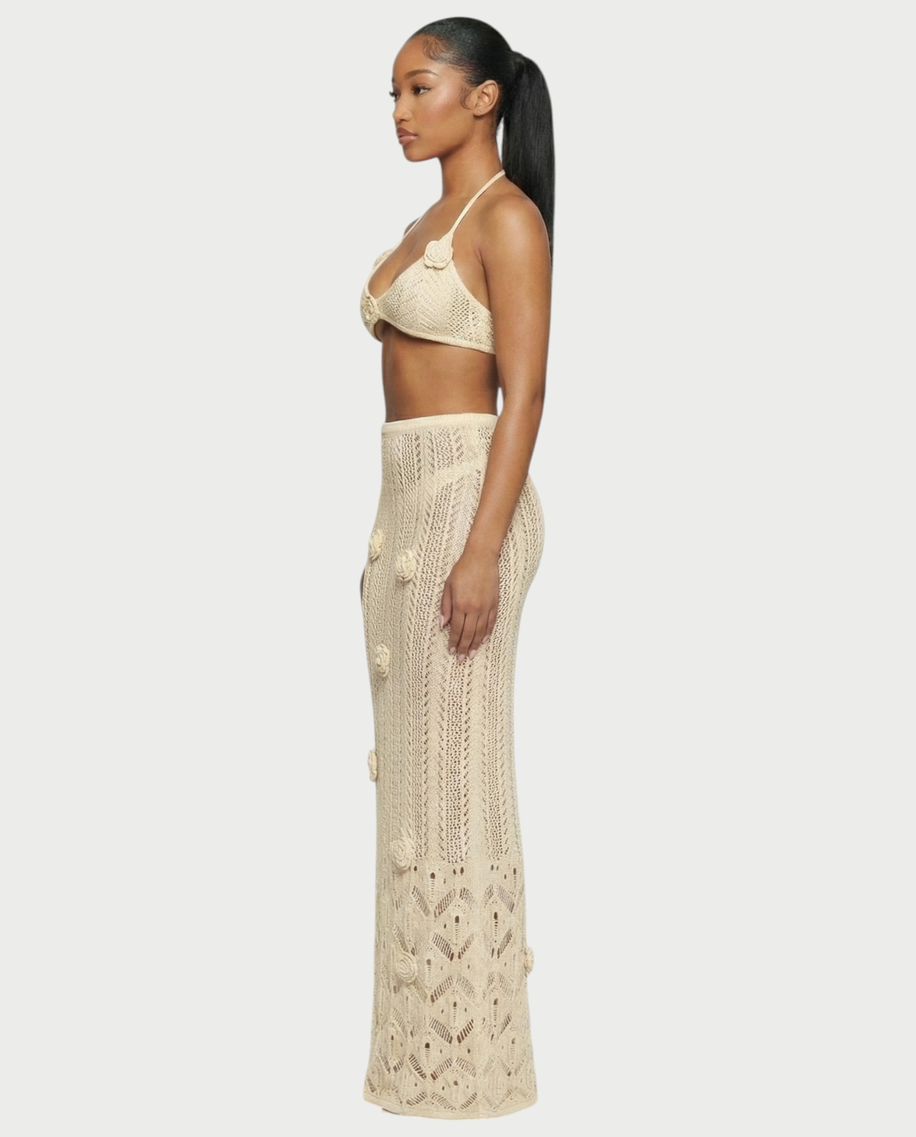 BERYN Crochet Rose Halter Top & Maxi Skirt Set