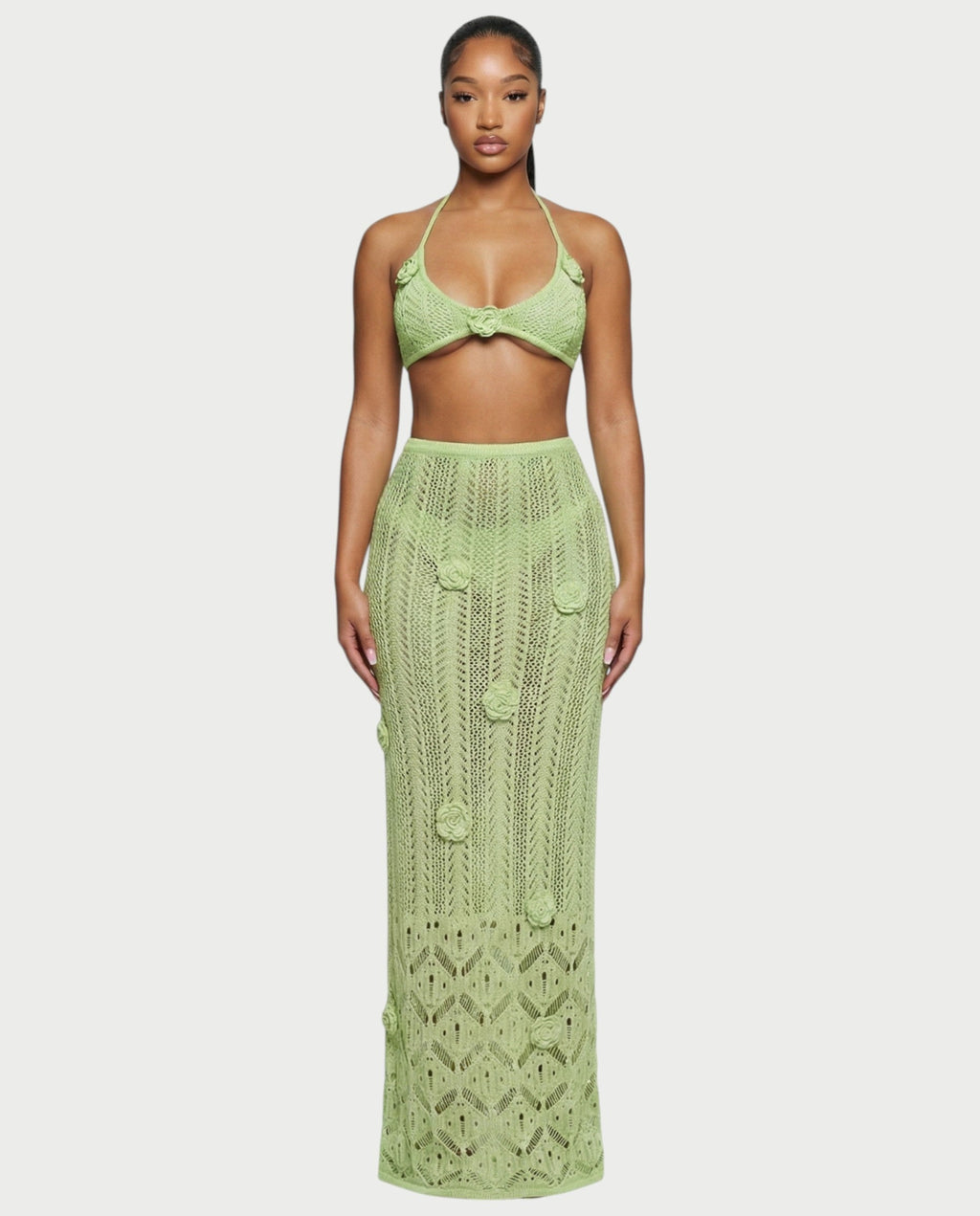 BERYN Crochet Rose Halter Top & Maxi Skirt Set