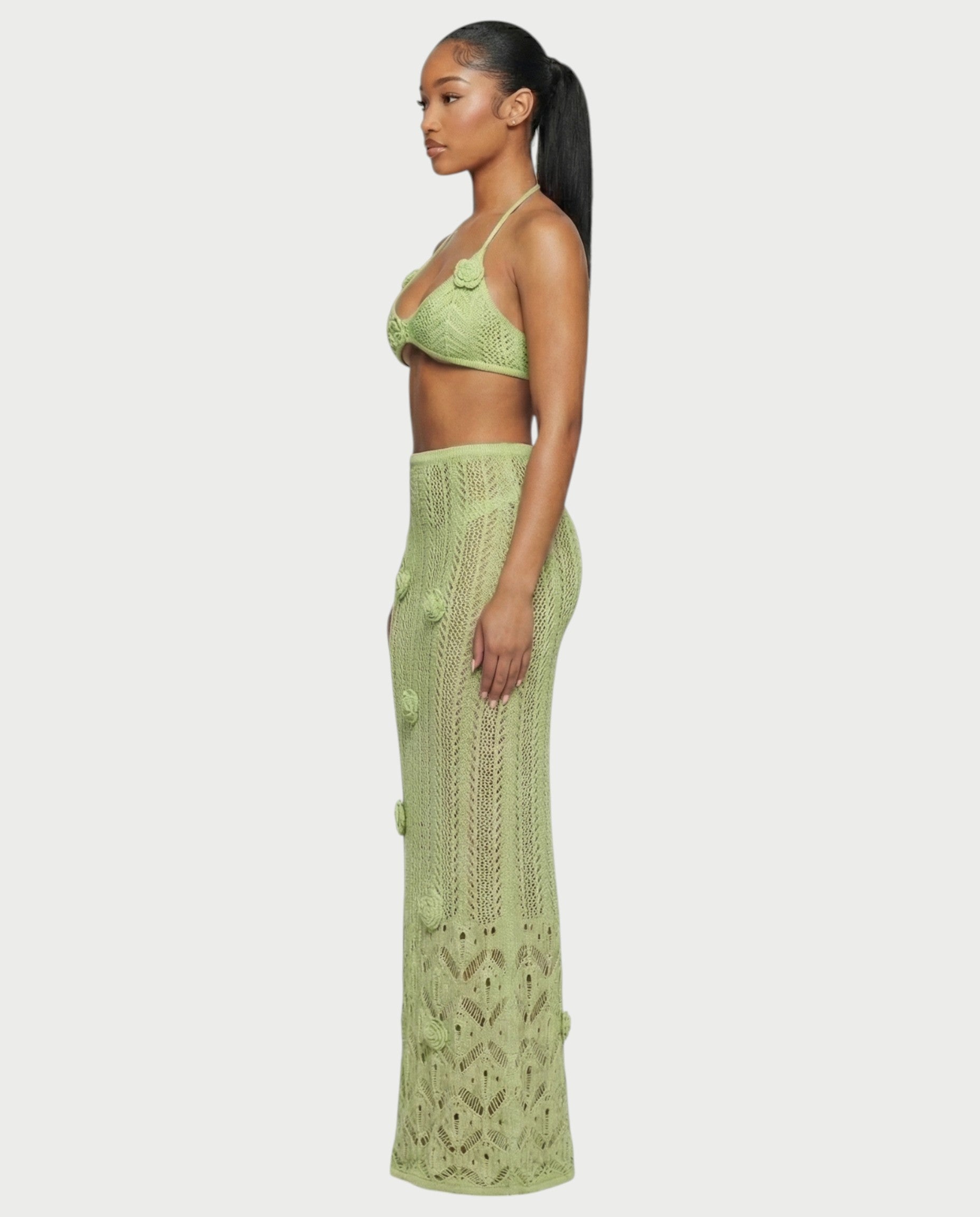 BERYN Crochet Rose Halter Top & Maxi Skirt Set