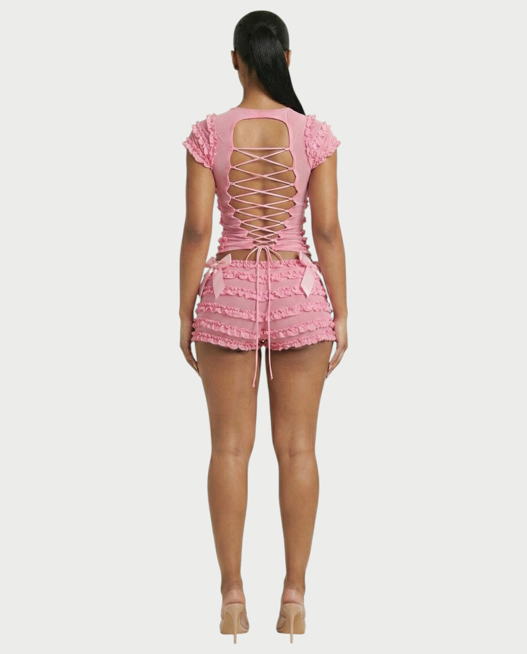 GALENA Ruffle Lace-Up Back Crop Top & Shorts Set