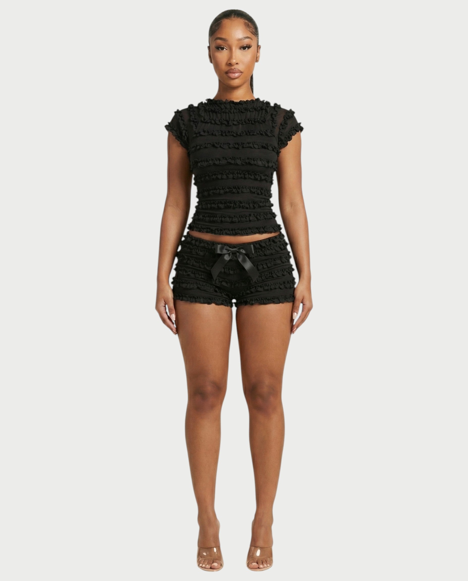 GALENA Ruffle Lace-Up Back Crop Top & Shorts Set