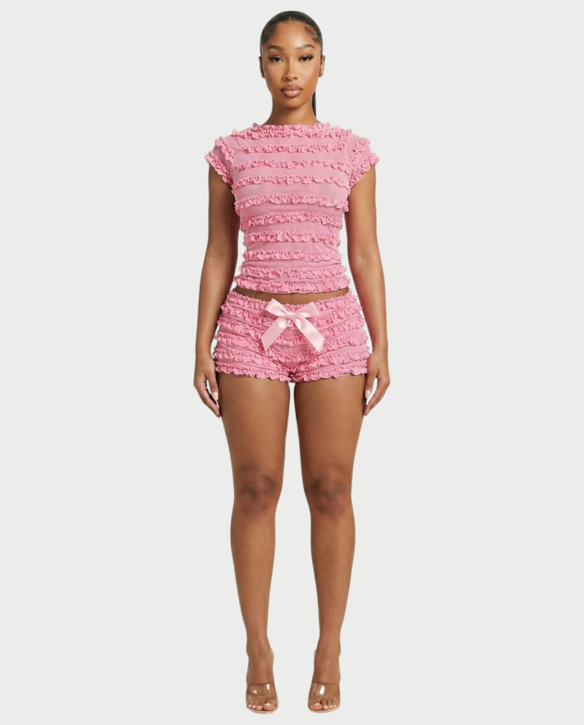 GALENA Ruffle Lace-Up Back Crop Top & Shorts Set