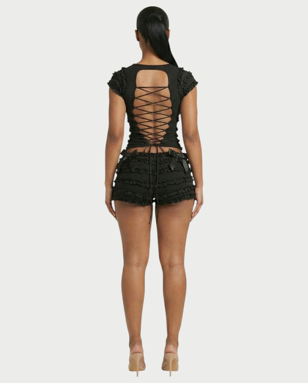 GALENA Ruffle Lace-Up Back Crop Top & Shorts Set