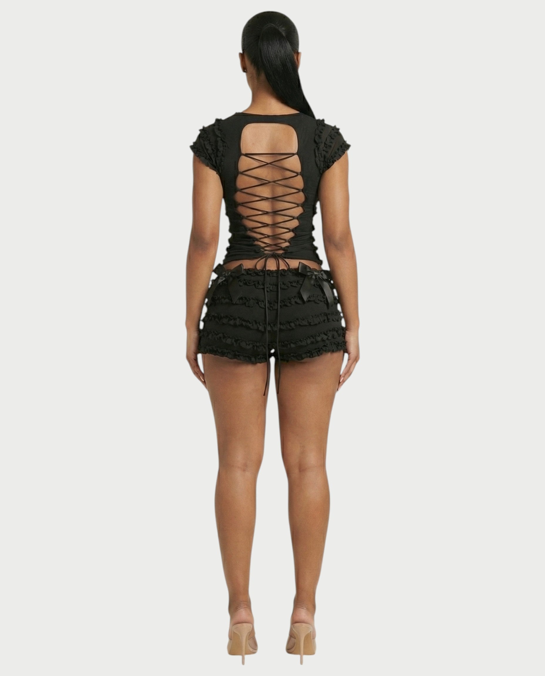 GALENA Ruffle Lace-Up Back Crop Top & Shorts Set