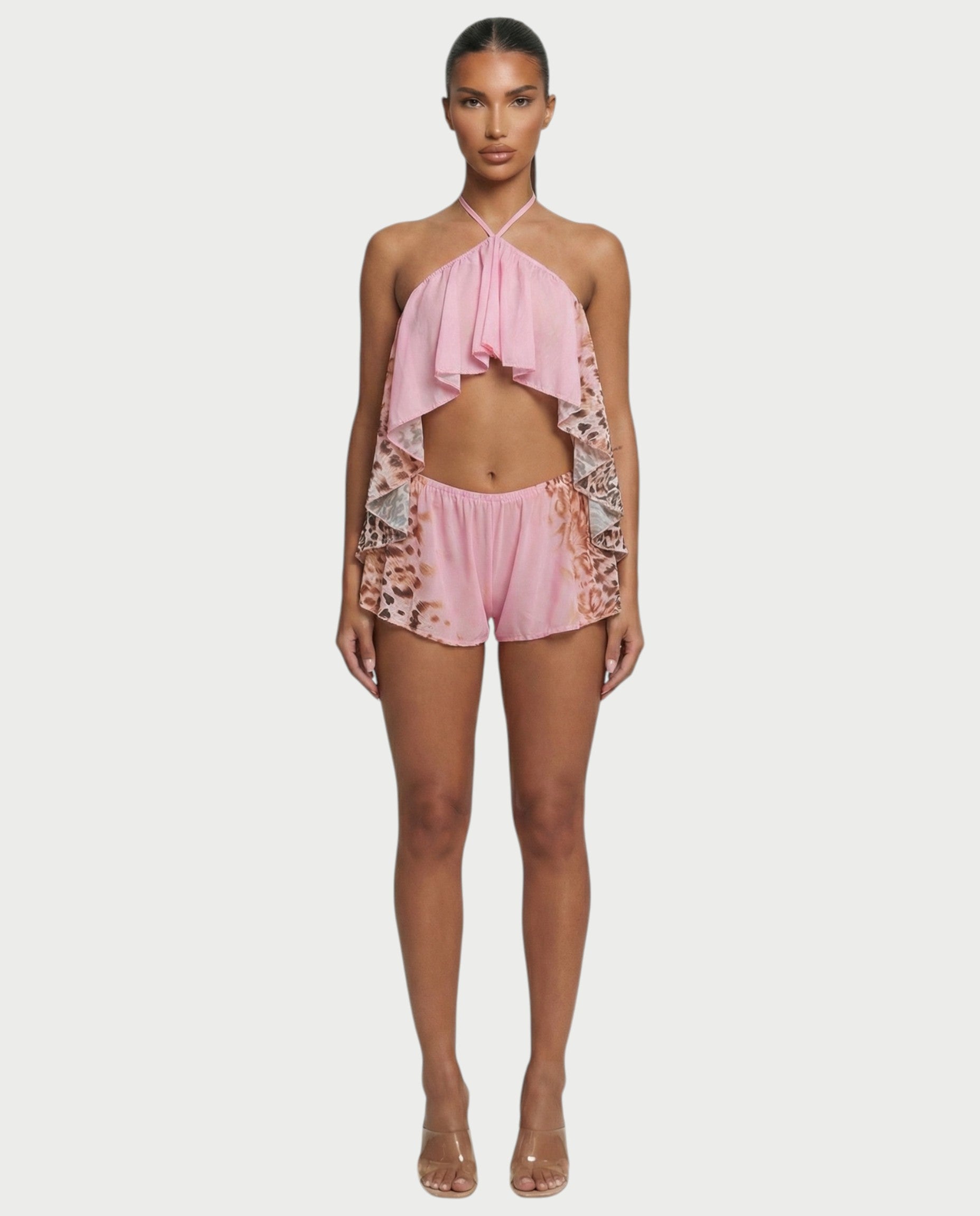 NERYA Leopard Backless Flowy Top & Shorts Set