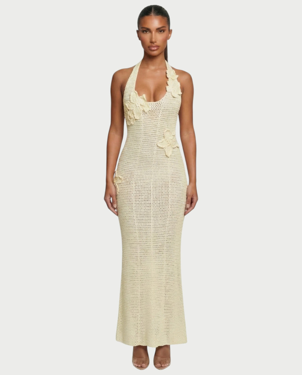 CESIA Crochet Backless Floral Appliqué Maxi Dress