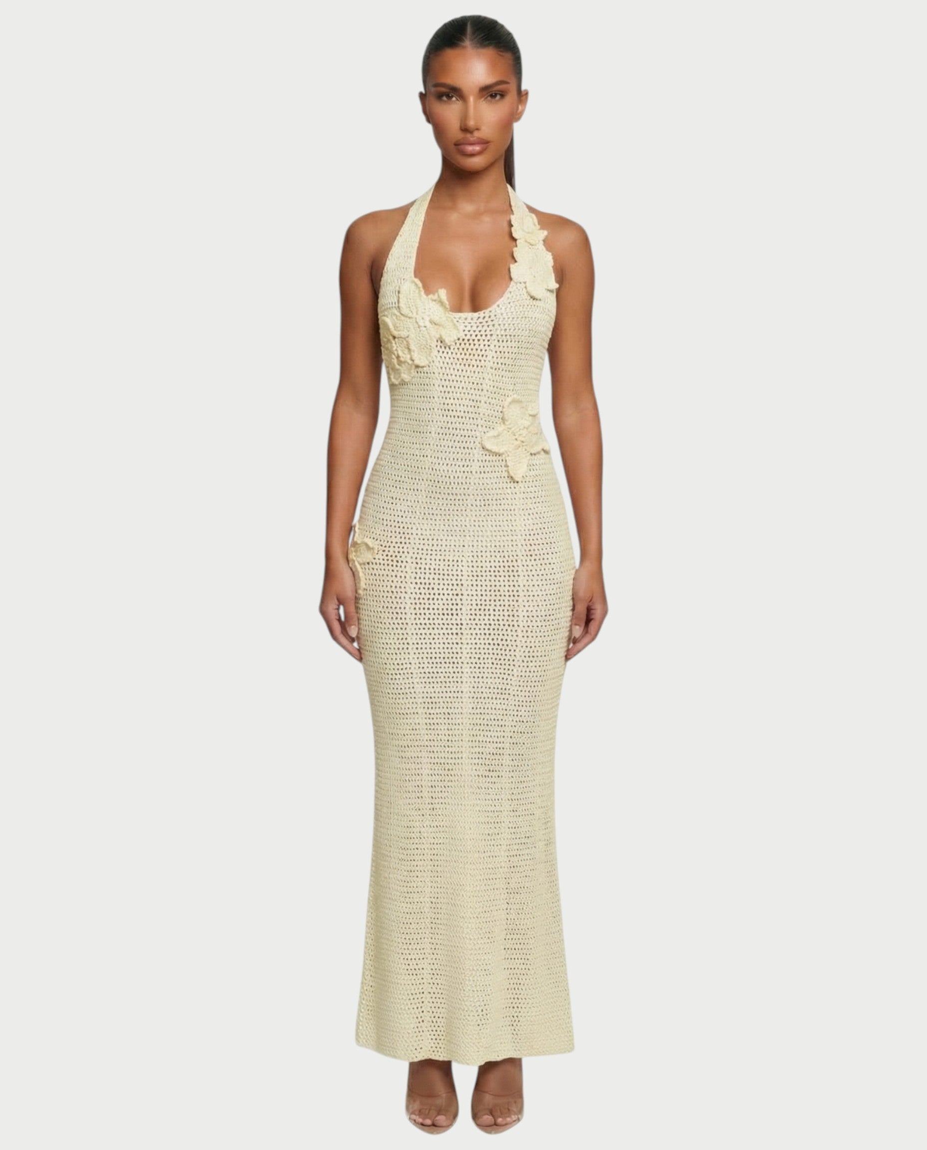 CESIA Crochet Backless Floral Appliqué Maxi Dress