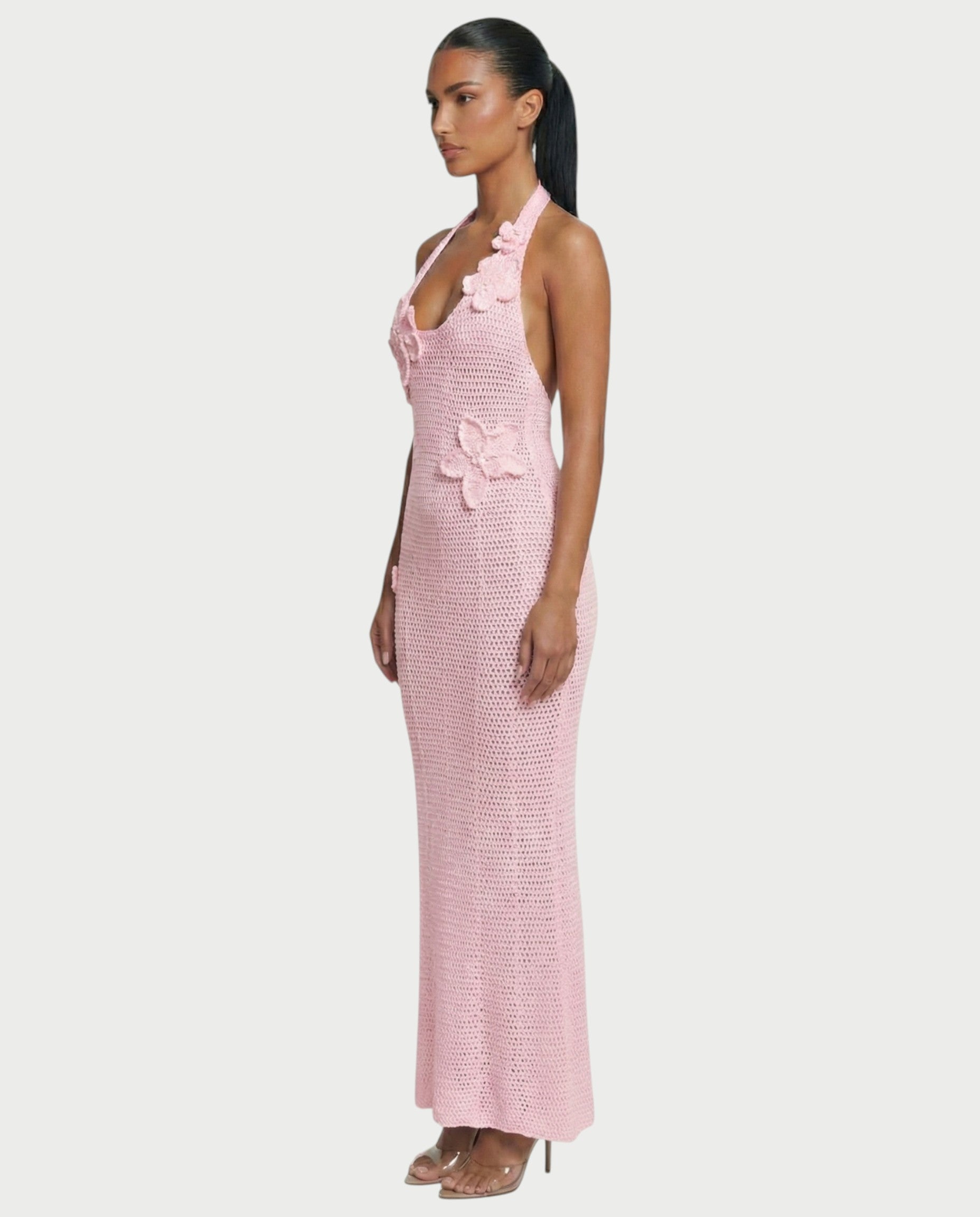 CESIA Crochet Backless Floral Appliqué Maxi Dress