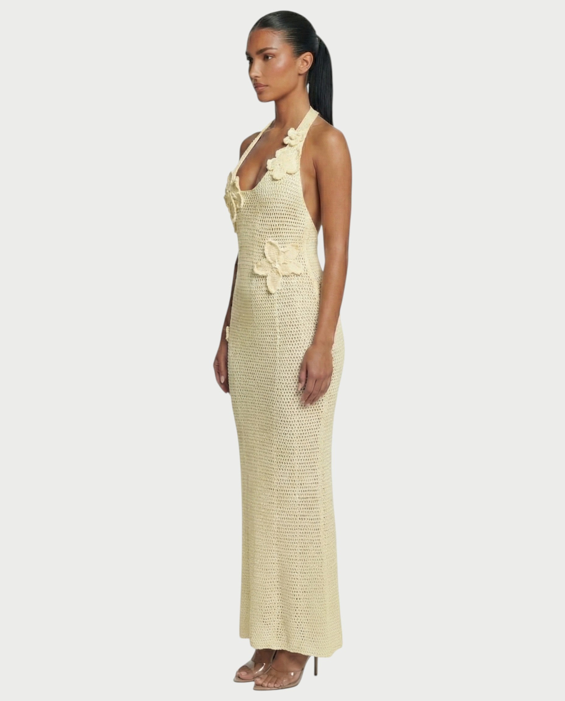 CESIA Crochet Backless Floral Appliqué Maxi Dress
