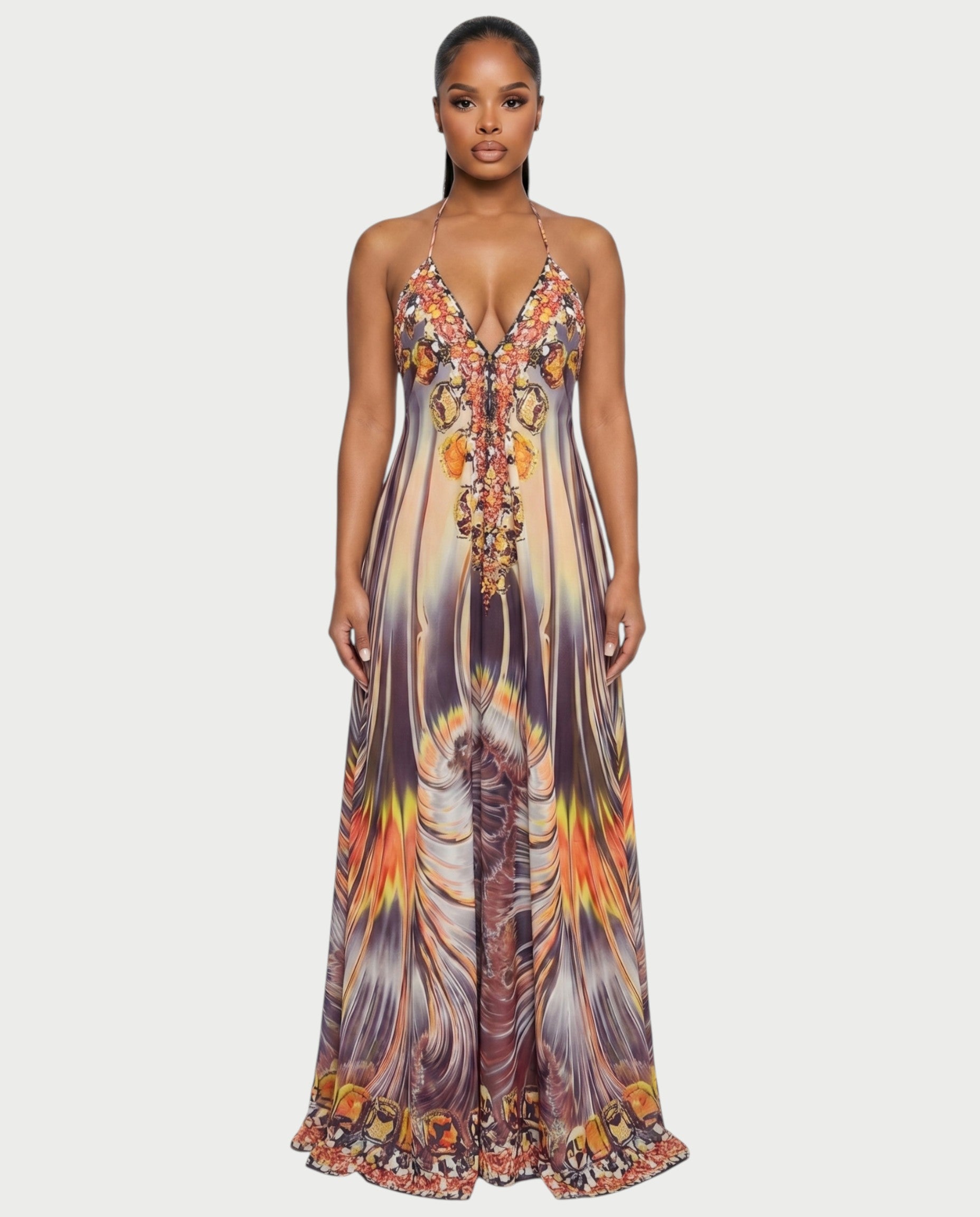 GENDA Feather Ombre Flowing Halter Maxi Dress