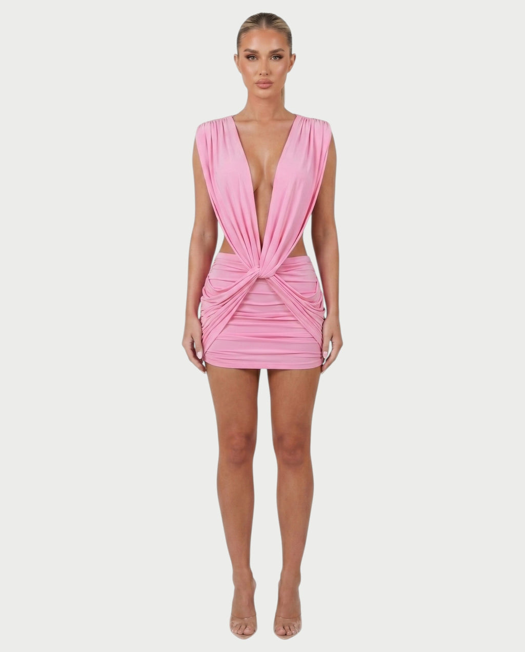LAZEL Twist-Drape Backless Bodycon Mini Dress